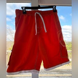 Ingear Bright Red Cargo Swim Shorts with White Drawstring and pocket.